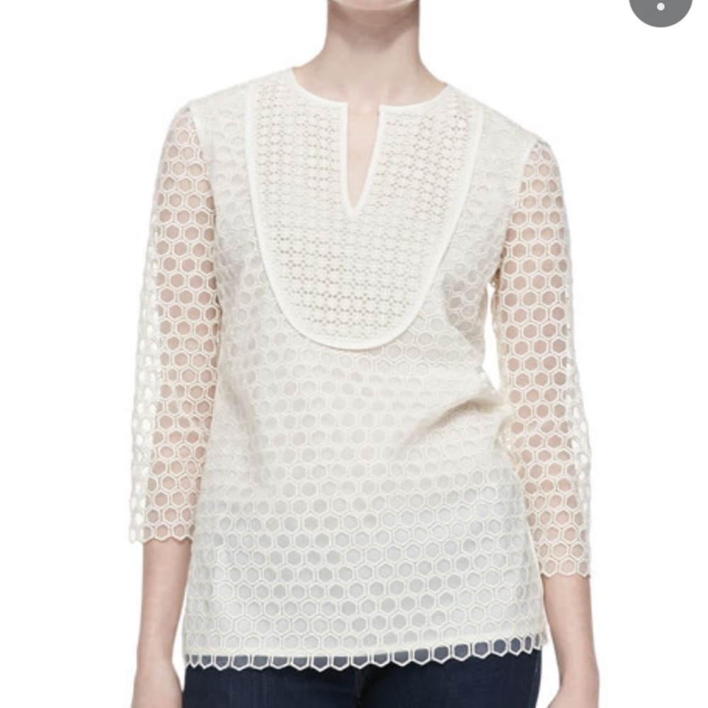 Tory Burch Tali-3/4-Sleeve‎ Combo Honeycomb Top Lace crochet blouse Top size XS
